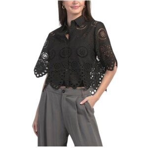 LIV LOS ANGELES Eyelet Cropped Button Front Blouse